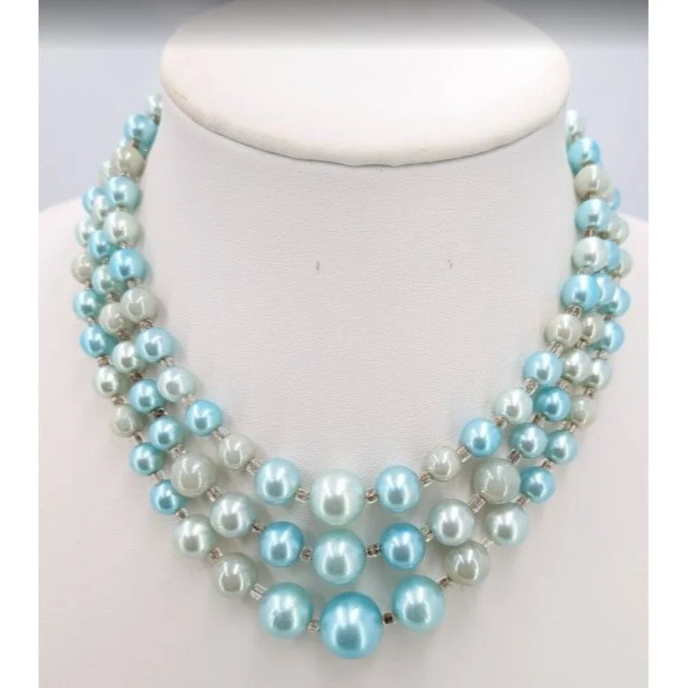 Vintage Japan Triple Strand Faux Pearl Necklace Aqua Cream Silver Tone 18 Inch